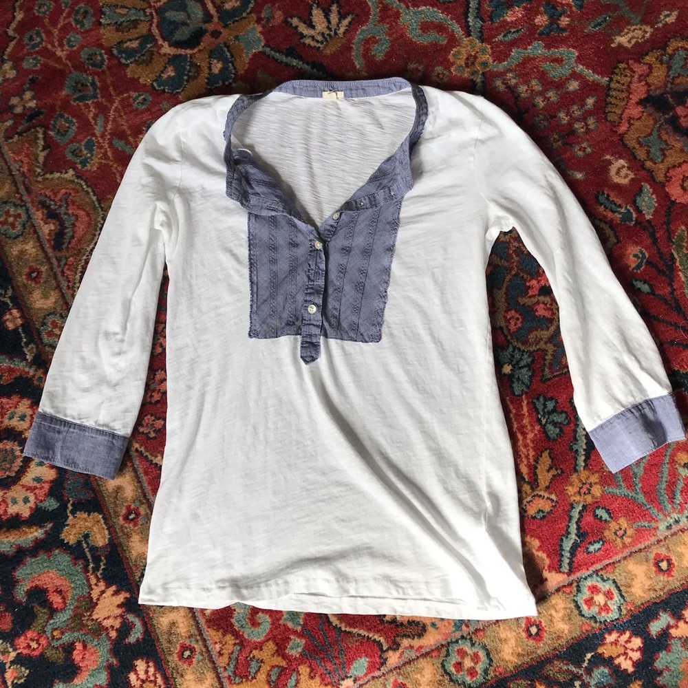 J.Crew top with woven blue cotton inset